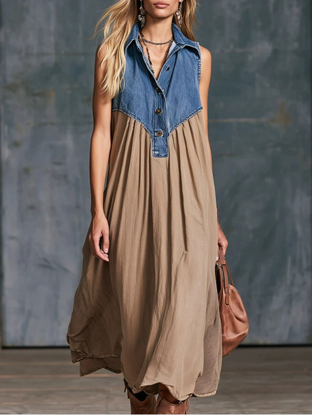 Elegant Urban Blue Denim Patchwork Khaki Long Skirt - Picture 4 of 5